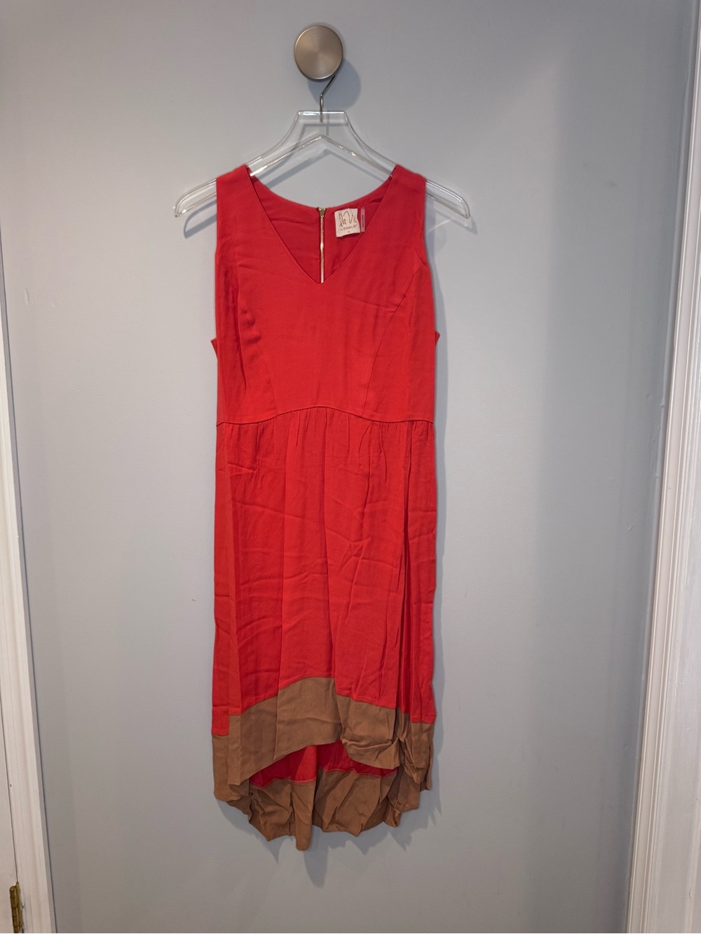 Anthropologie Cece High-Low Hem Dress by Sam & Lavi Sleeveless Red with Tan Trim